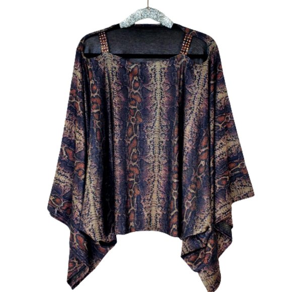 Boho Python Tunic Flowy  Batwing Top with Open Sleeves & Swrk. Crystals. - Picture 2 of 5